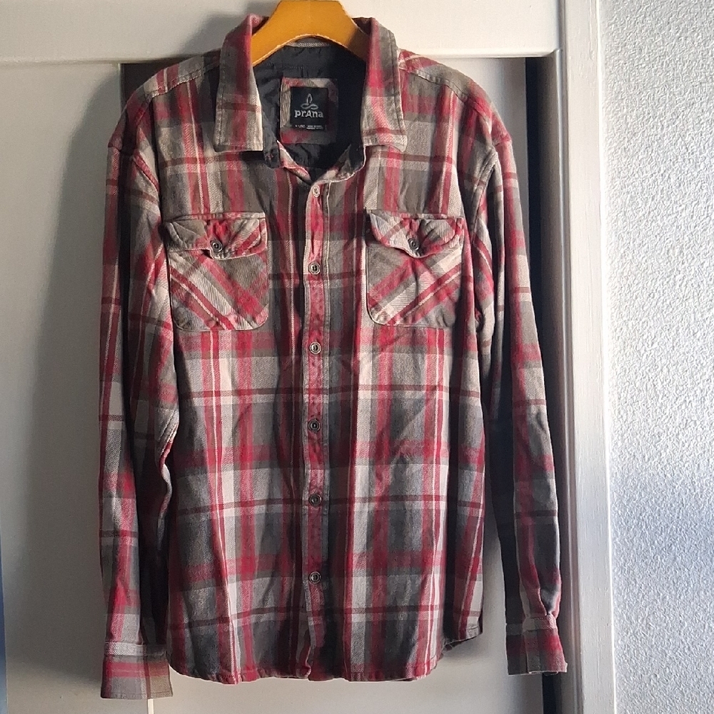 Prana Organic Cotton Red Gray Plaid Flannel XL